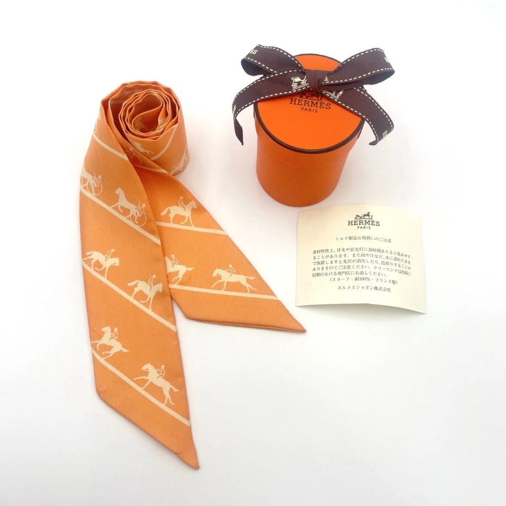 Hermès Orange Twilly Les Allures White and Orange Silk Twilly with Box